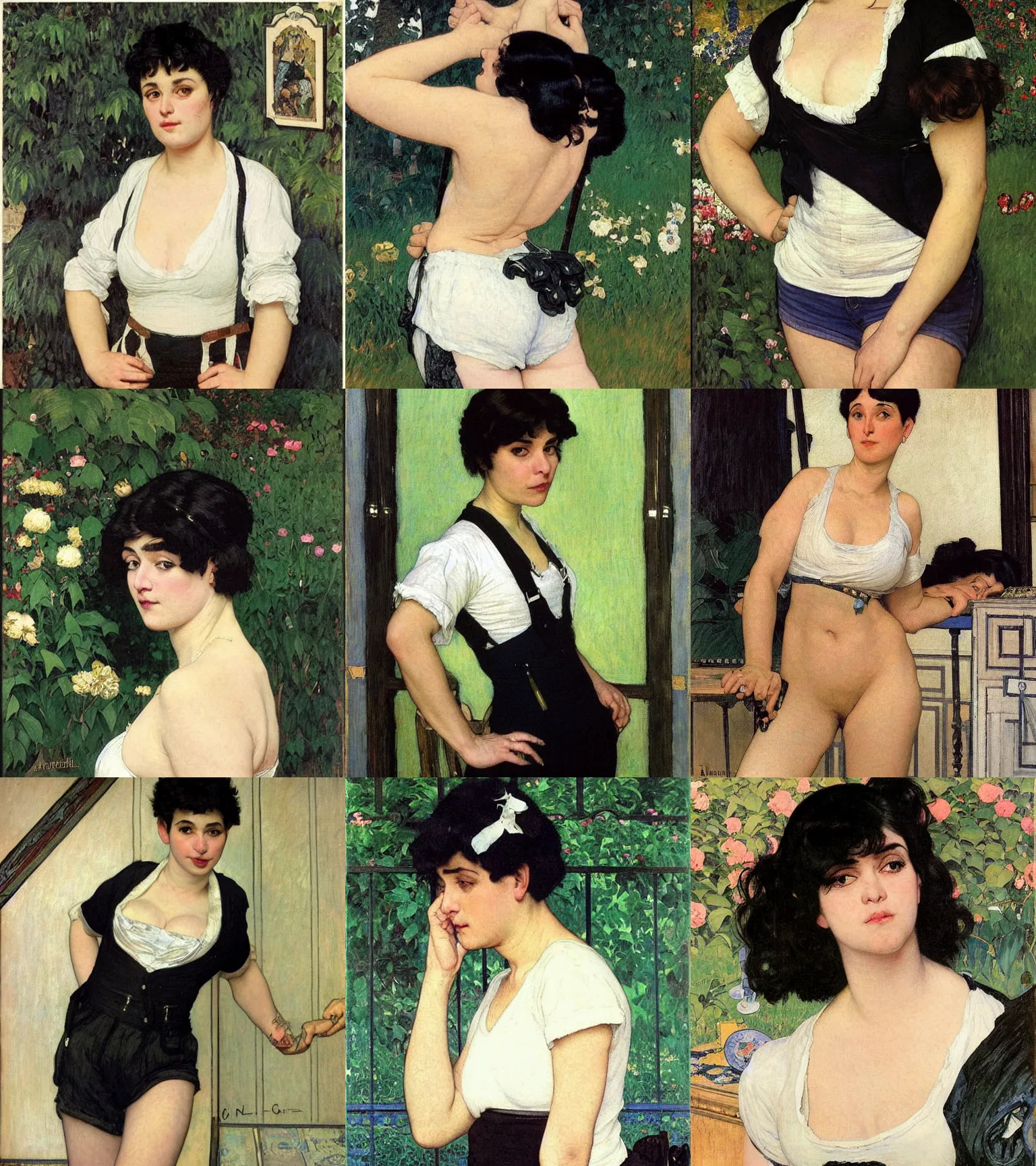 Prompt: a woman with black hair and long pixie haircut in shorts with suspenders and white t-shirt drawn by alphonso azpiri, gustave caillebotte, Alexandre Cabanel, norman rockwell, dominique ingres, maler collier, peter paul rubens, alphonse mucha, gustav klimt 4k, unreal 5, DAZ, french noveau, trending on artstation, octane render, hyperrealistic