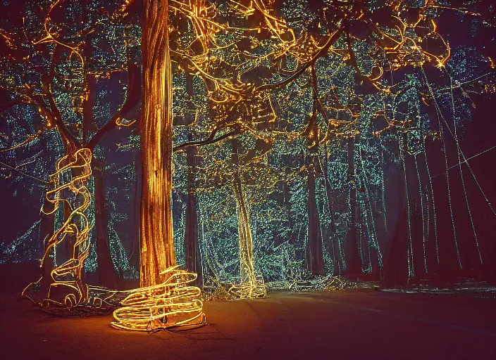 Prompt: a 2 8 mm macro kodachrome photo of ornate mechanical metallic trees with glowing lights and twisted electric wires in yosemite national park in the 1 9 5 0's, seen from a distance, bokeh, canon 5 0 mm, cinematic lighting, film, photography, golden hour, depth of field, award - winning, cyberpunk, neon