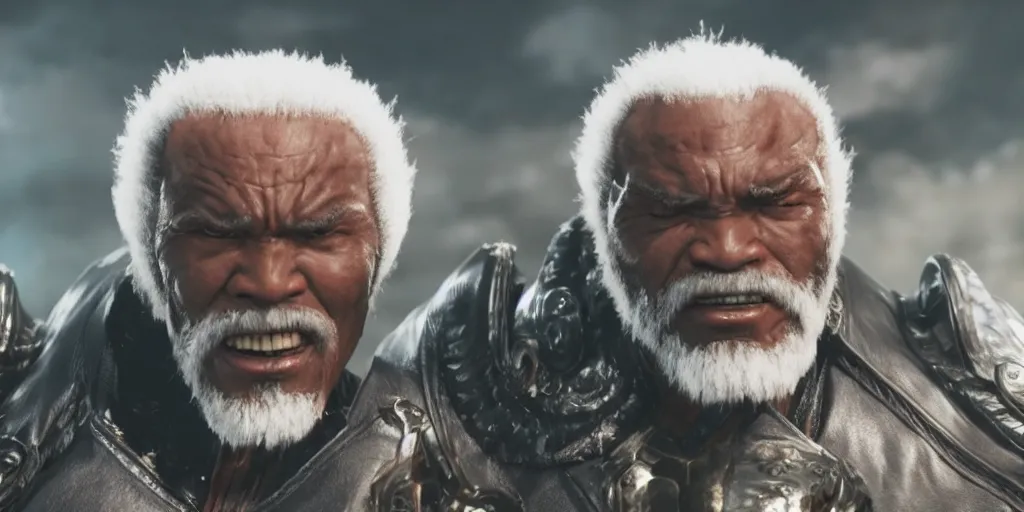 Image similar to a film still of a black man starring in a japanese blockbuster film as heihachi from tekken 7, shallow depth of field, cinematic, award winning cgi, vfx, film still