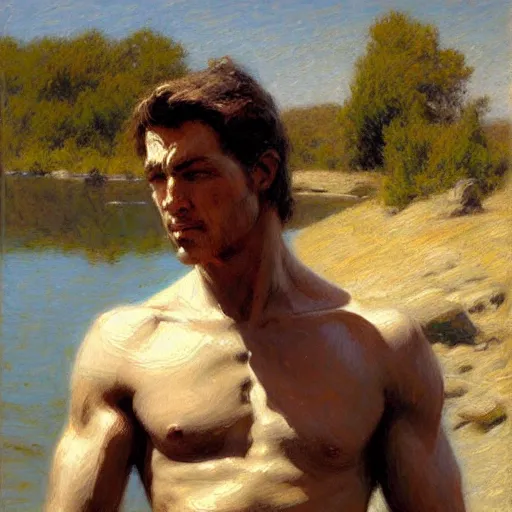 Image similar to man by the river, muscular, detailed face, correct face, painting by Gaston Bussiere, Craig Mullins