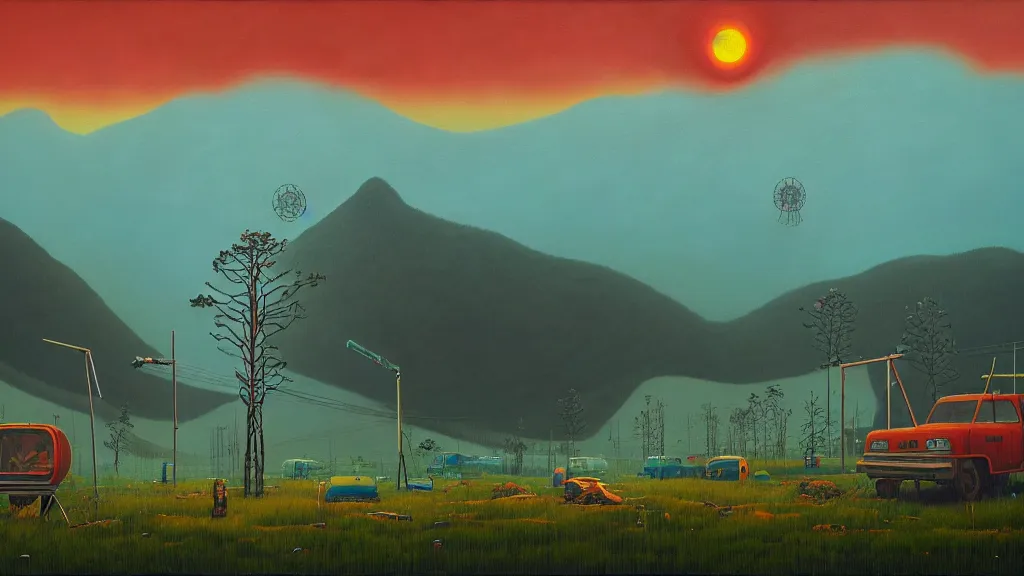 Image similar to Nuclear Nature harmony; by Oswaldo Moncayo; by Simon Stålenhag, oil on canvas; Location: Quito Ecuador