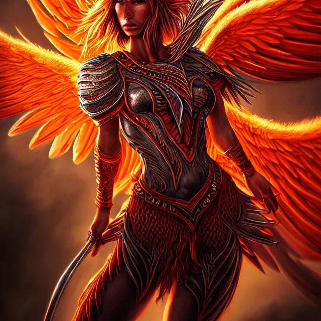 Image similar to phoenix warrior, artgerm, highly detailed, 8 k, hdr, close up, smooth, sharp focus, high resolution, award - winning photo