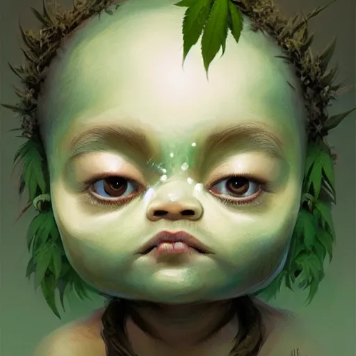 Prompt: a cute little baby made of hemp, with a head in the form of a cannabis bloom, like baby grut, green skin, character, art by james jean and greg rutkowski!!, realistic face, digital art, chibi style, golden ratio, perfect composition, trending on artstation, 8 k