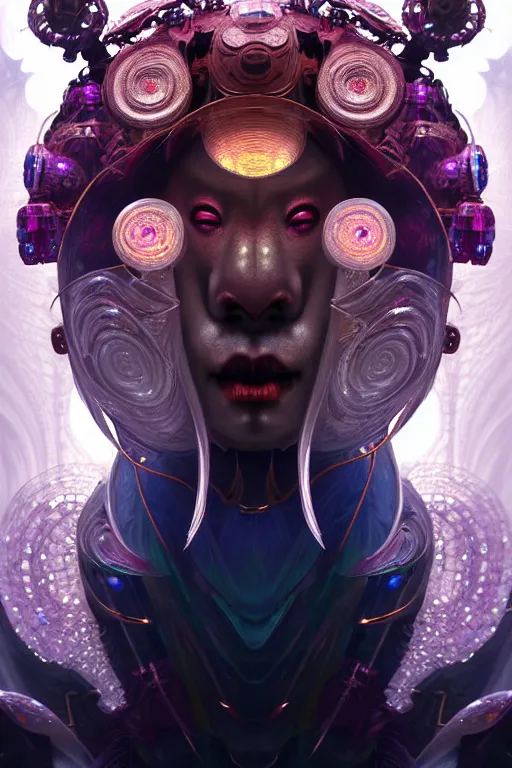 Image similar to asura from chinese myth, ghost, gorgeous and huge head ornaments, dystopian, cyberpunk, organic fractal mycelum and fungi, mecha, halfturn portrait of a big crystal face made of crystals half - turn, ominous, intricate, studio, art by anthony macbain + greg rutkowski + alphonse mucha, concept art, 4 k, sharp focus