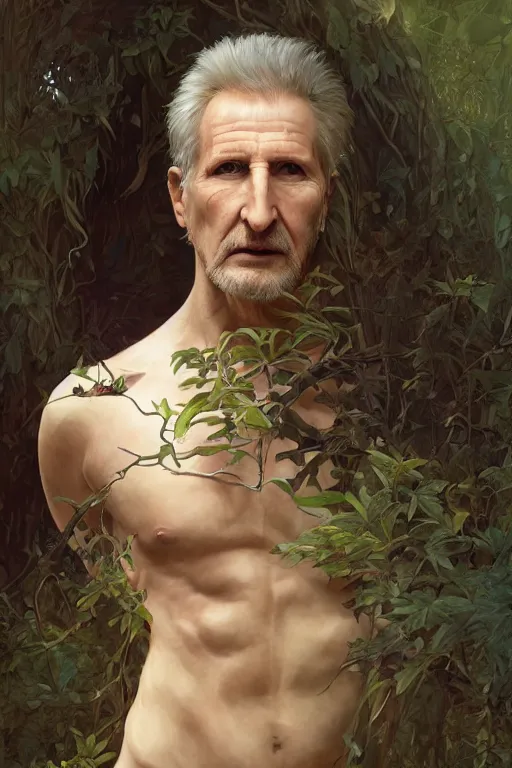 Prompt: portrait of rene auberjonois, forest, godlike, full body, fantasy, intricate, elegant, highly detailed, digital painting, artstation, concept art, sharp focus, illustration, art by artgerm and greg rutkowski and alphonse mucha