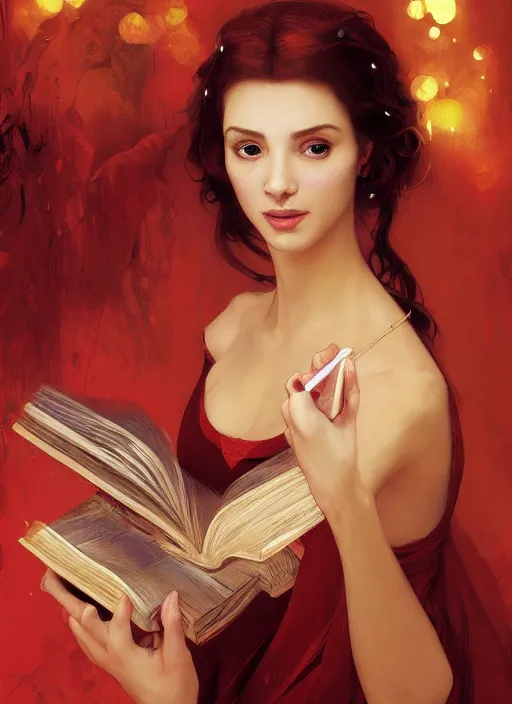 Image similar to character concept portrait of an attractive young female Spanish witch in a red and golden robe with pale skin enchanting a protection spell, a floating iridescent spell book in the center, intricate, elegant, digital painting, concept art, smooth, sharp focus, illustration, from Metal Gear, by Ruan Jia and Mandy Jurgens and William-Adolphe Bouguereau, Artgerm