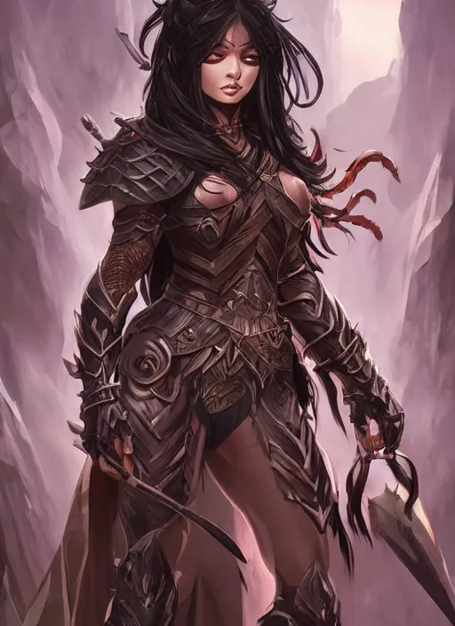 Image similar to beautiful warrior lady, black long hair, practical armor, brown skin, demonic eyes, low fantasy, extremely detailed, sharp focus, smooth, digital illustration, by rossdraws, frank franzzeta, sakimichan