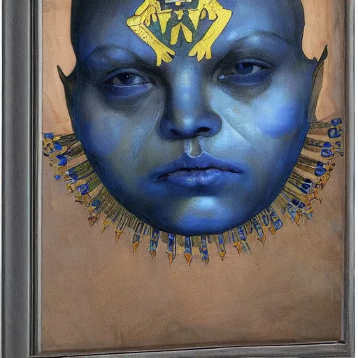 Image similar to the bone crown, by Annie Swynnerton and Nicholas Roerich and Diego Rivera, blue skin, elaborate costume, geometric ornament, rich color, dramatic cinematic lighting, smooth, sharp focus, extremely detailed