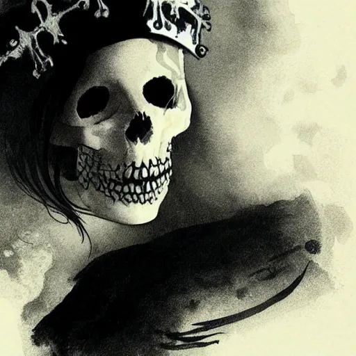 Image similar to close up portrait of a scandinavian female skeleton with a veil and crown, satanic kvlt by peder balke by peder balke by greg rutkowski, by guido crepax by norman bluhm mystic high contrast monochromatic noir angst pagan magic symbols