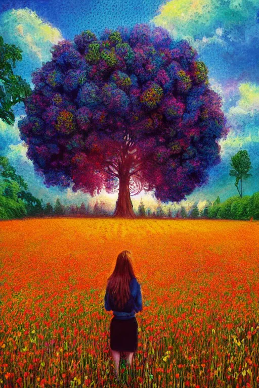 Prompt: giant flower face, girl standing in flower field, surreal photography, big trees, sunrise dramatic light, impressionist painting, colorful clouds, digital painting, pointillism, artstation, simon stalenhag