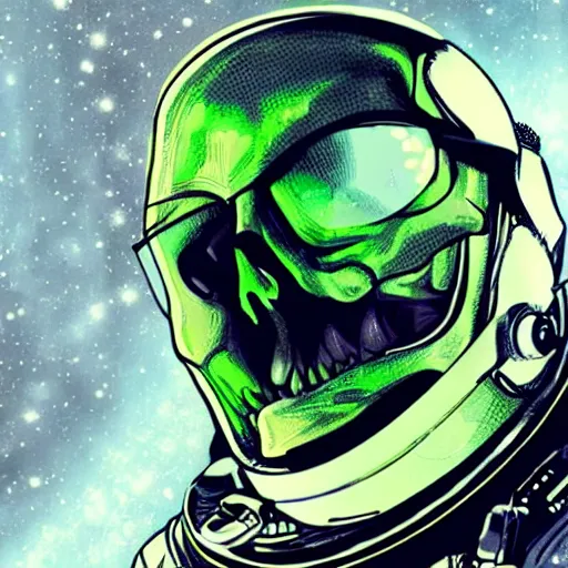 Prompt: green skull, anatomical in an astronaut suit, floating in space, amazing concept, extreme wide shot