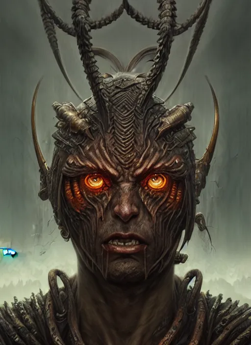 Image similar to closeup portrait shot of a demon warrior in a scenic dystopian environment, intricate, elegant, highly detailed, centered, digital painting, artstation, concept art, smooth, sharp focus, illustration, artgerm, tomasz alen kopera, peter mohrbacher, donato giancola, joseph christian leyendecker, wlop, boris vallejo