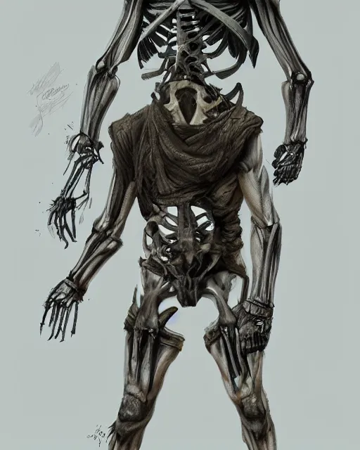 Image similar to rambo exposed to radiation and became skeleton, full body, concept art, high detailed, fine art, trending on artstation, smooth draw, sharp focus.