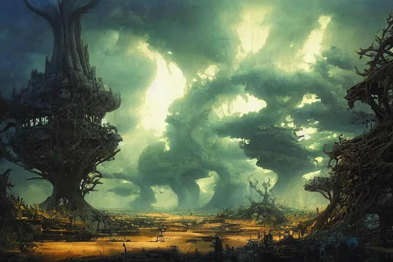 Image similar to scifi illustration, skull palace, baobab trees in distance, storm clouds on horizon, by rodney matthews, wadim kashin, morgan weistling, earle bergey, tyler edlin, alex schomburg, allen anderston, basil gogos, carl spitzweg