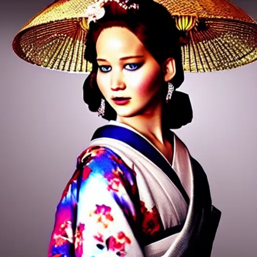 Prompt: “ old photo of jennifer lawrence as a geisha, hd, photorealistic ”