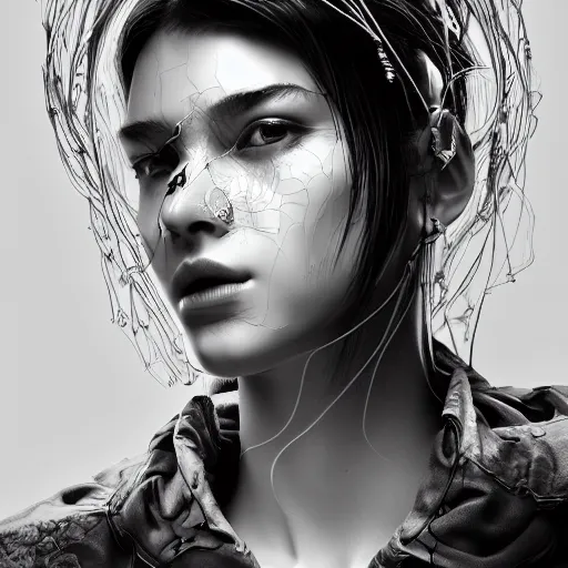 Image similar to the portrait of an absurdly beautiful, graceful, sophisticated, fashionable cyberpunk gravure idol, an ultrafine hyperdetailed illustration by kim jung gi, irakli nadar, matt wisniewski, intricate linework, iridescent wiring, porcelain skin, unreal engine 5 highly rendered, global illumination, radiant light, detailed and intricate environment