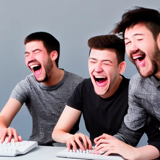 Image similar to several guys typing on keyboard while laughing very hard, mouth wide open tsticking tongues out, studio light, grey background, centered, photorealsitic