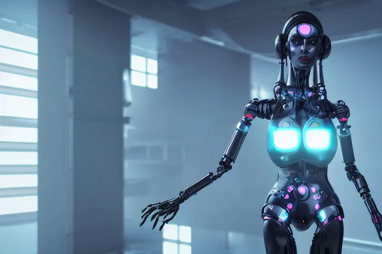 Prompt: cyberpunk alien concept inspired female robot, futuristic look, highly detailed body, very powerful, photorealistic camera shot, bright studio setting, studio lighting, crisp quality and light reflections, unreal engine 5 quality render