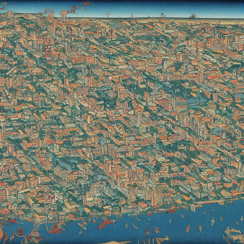 Prompt: 3d aerial scientific illustration of a small city, diego rivera in Ukiyo-e style, HD