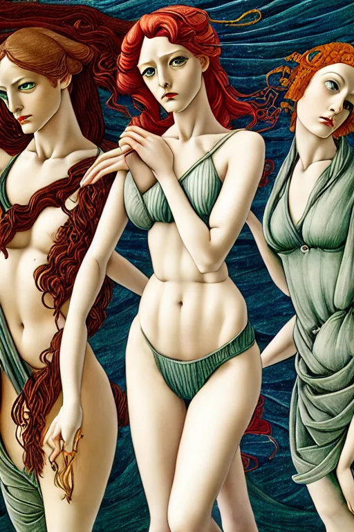 Prompt: 12 figures, representing the 4 seasons, (3 as Spring, 3 as Summer, 3 as Autumn, and 3 as Winter), in a mixed style of Botticelli and Æon Flux, inspired by pre-raphaelite paintings, shoujo manga, and cyberpunk, stunningly detailed, elaborate inking lines, pastel colors, 4K photorealistic