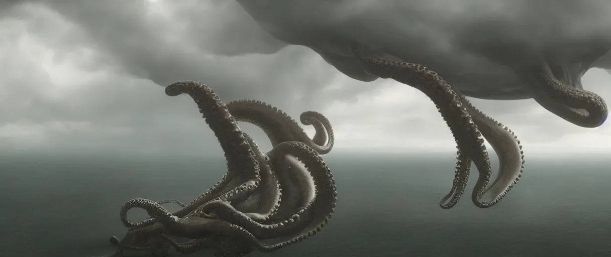 Image similar to a giant octopus tentacl hanging from the clouds over a rain forest, still from the movie the arrival, 8k