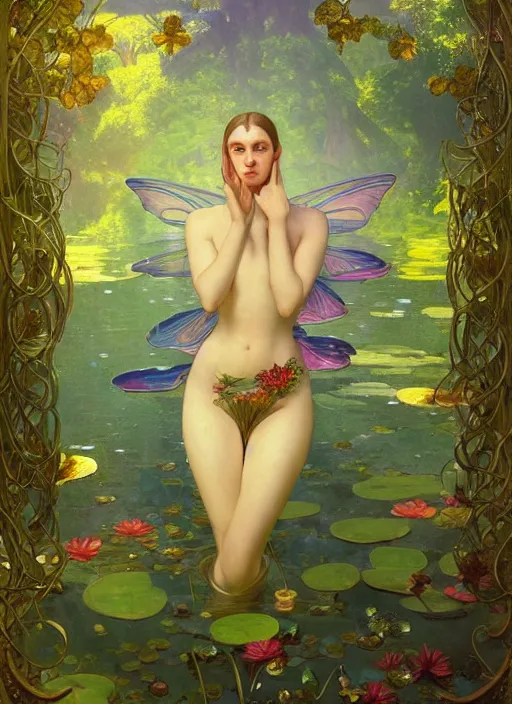 Image similar to portrait of a beautiful fairy, by a waterlily pond, coherent design, symmetrical, vivid color, complementary color, golden ratio, detailed, sharp lines, intricate, rainbowshift, by maxfield parrish, by peter mohrbacher, by karol bak, by alphonse mucha, deviantart, octane render