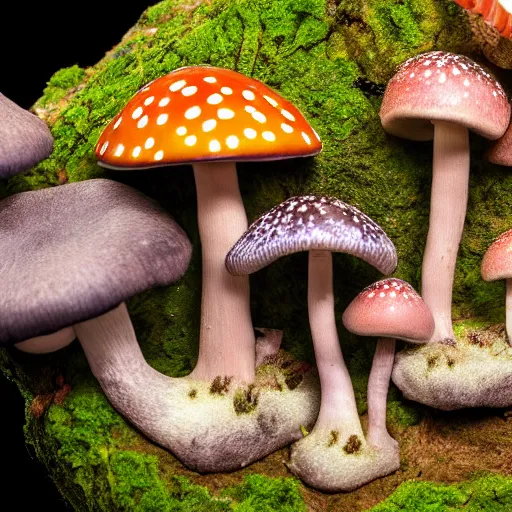 Image similar to macro photo with a fantasy Microfungi character with cute eyes and mycelium, painted patterns and coloring on mushrooms, 8K, highly detailed