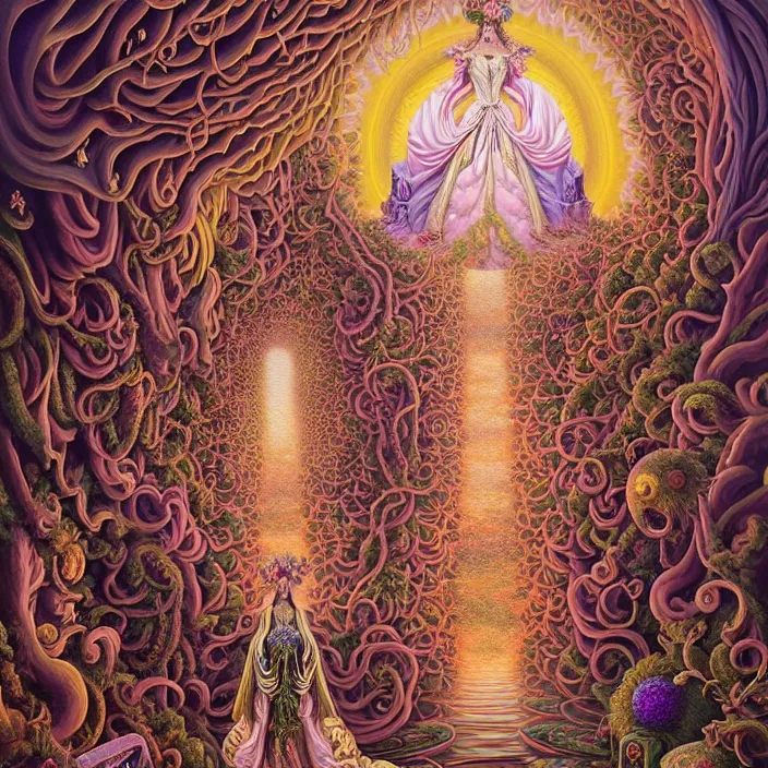 Image similar to beautiful oil painting, full length portrait of dauphinois in baroque coronation robes 1701, Dan Mumford, Dan Mumford, Alex grey, hyacinthe rigaurd, highly detailed , lsd visuals, dmt fractal patterns, hallucinogen, visionary art, psychedelic art, ornate, vaporwave, baroque, Greg rutkowski