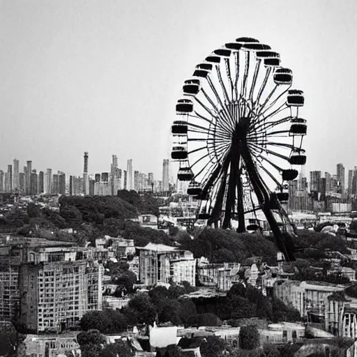 Image similar to A ruined city floating, in the sky, metropolises, modern, overgrown, a giant Ferris wheel