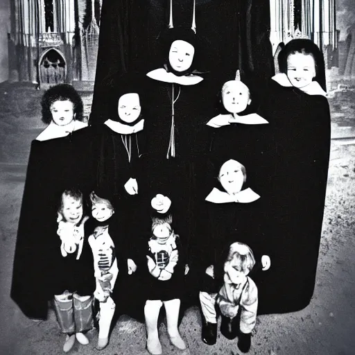 Image similar to ! dream vintage 1 9 8 0's dutch children's show, a happy photogenic group of children in black cult robes standing around a large giant evil demonic horrifying angry detailed monstrous demon creature inside a candlelit gothic cathedral