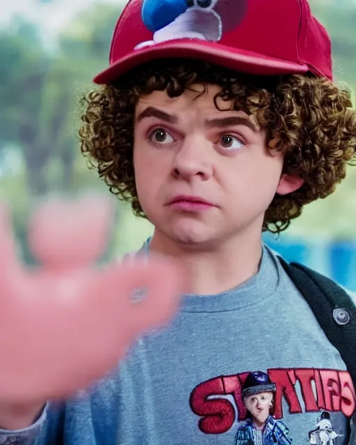 Image similar to a still of dustin henderson gaten matarazzo wearing a cap as a muppet in stranger things. highly detailed felt. hyper real photo. 4 k.