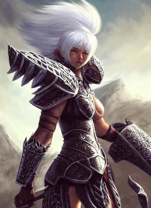 Image similar to warrior, fur - lined heavy armor!!! beautiful and athletic white hair female!! monster hunter!! character concept art, sharp focus, octane render! unreal engine 5! highly rendered!! trending on artstation!! detailed linework!! illustration by artgerm, wlop, and chie yoshii