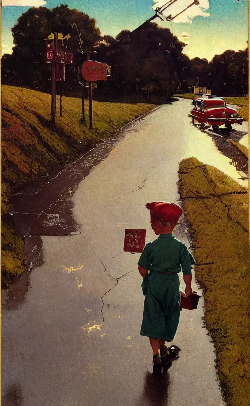 Prompt: paperback book cover by norman rockwell. 1 9 5 0 s. pure colors, melting clouds, accurately drawn details, a sunburst above a receding road with the light reflected in furrows and ruts, after rain. photorealistic. octane render. cinematic. trending on artstation. textless.