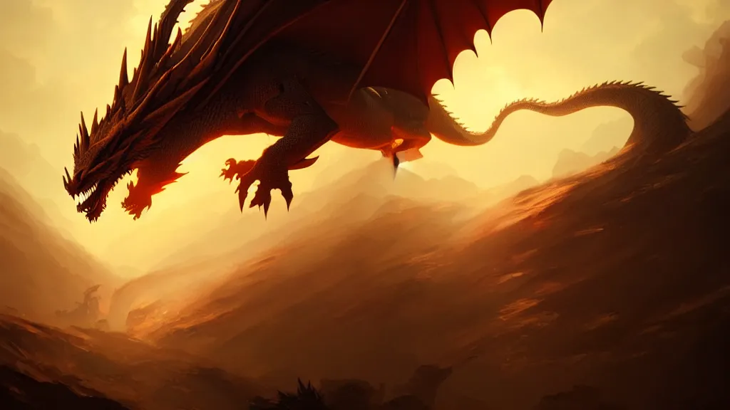 Prompt: dragon, low angle, cinematic, golden hour, by greg rutkowski, artstation, hd, mist