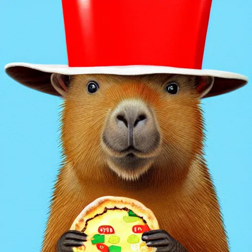 Prompt: a capybara with a hat that has the italian flag, holding a pizza, high detail, digital art