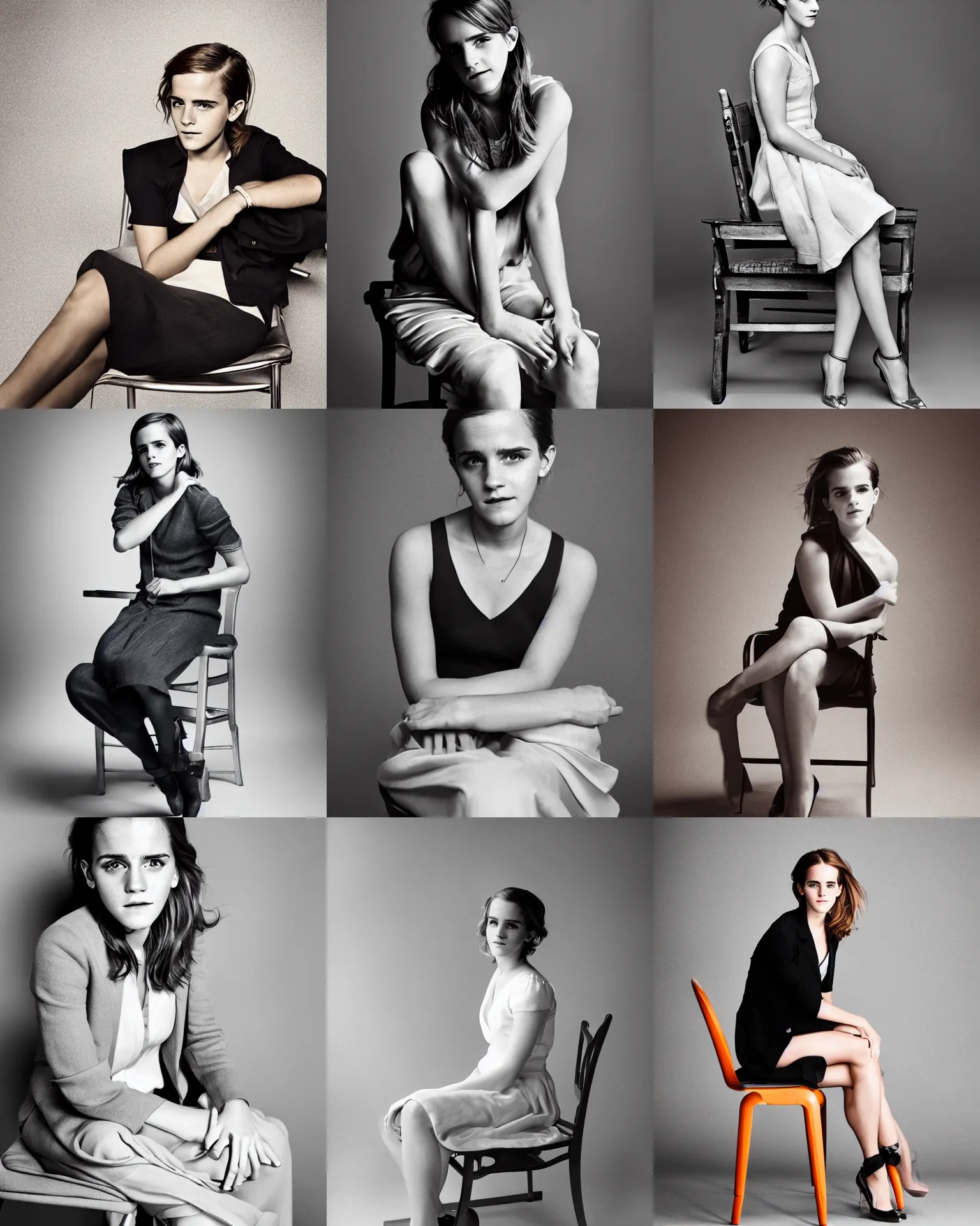 Prompt: professional studio photo, Emma Watson sitting in chair, by Peter Hurley, Vivian Maier for GQ, full length shot, soft studio lighting, colorful, award-winning photograph, 24mm f/1.4