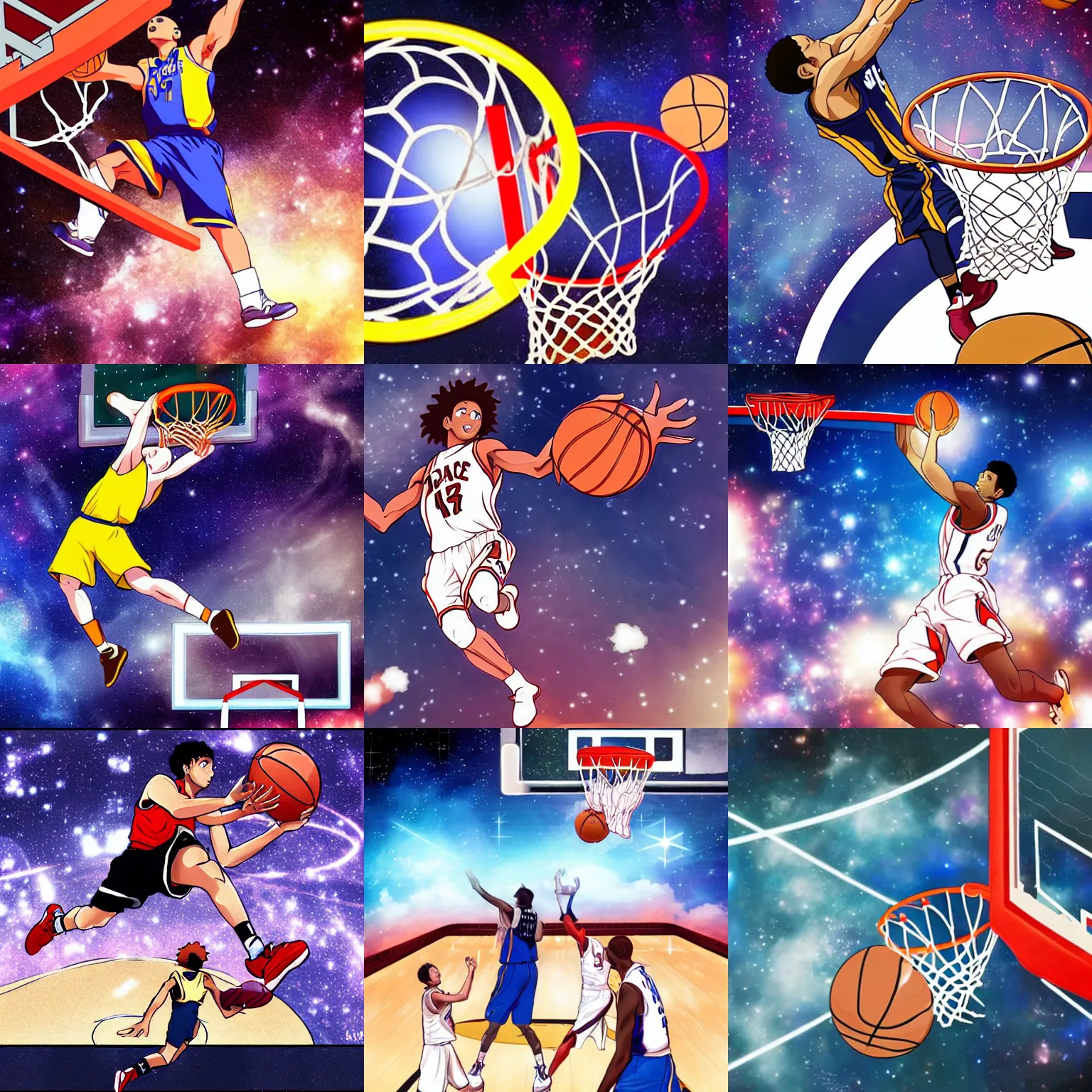 Prompt: A basketball player performing a slam dunk in the space, anime