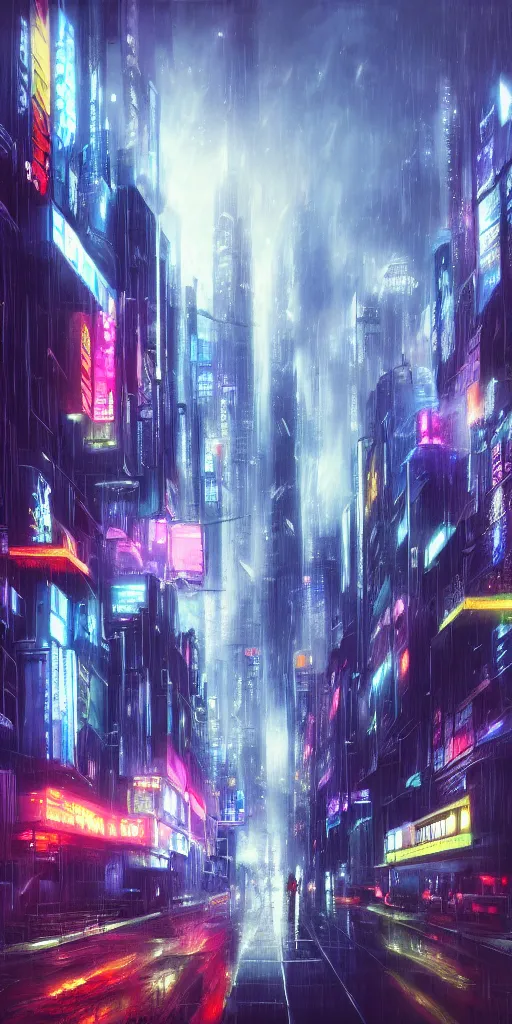 Prompt: hyper realistic cyberpunk cityscape,neon,rain,blade runner, looming surreal sky, stars,moon, cinematic lighting, detailed oil painting, 8k