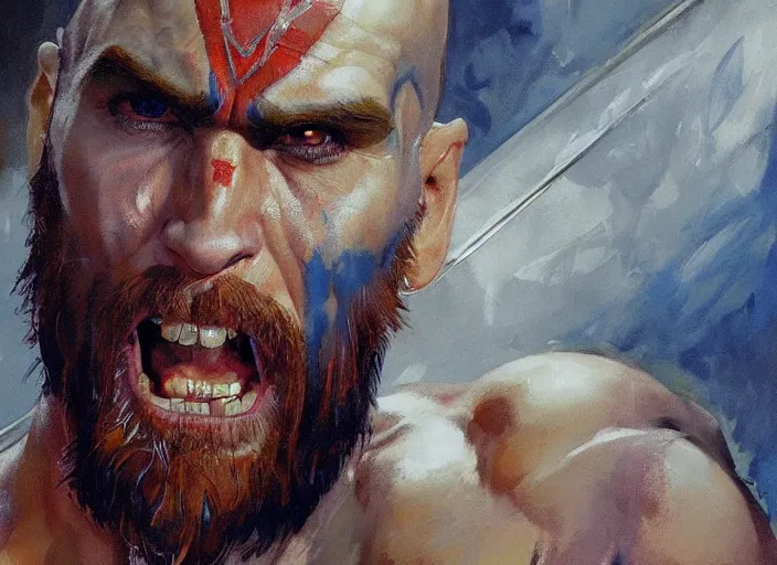 Image similar to a highly detailed beautiful portrait of jim carrey as kratos, by gregory manchess, james gurney, james jean