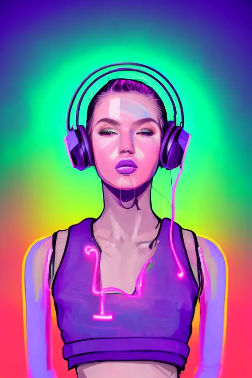 Image similar to a award winning half body portrait of a beautiful woman with stunning eyes in a croptop and cargo pants with ombre purple pink teal hairstyle with headphones on her ears by thomas danthony, surrounded by whirling illuminated lines, outrun, vaporware, shaded flat illustration, digital art, trending on artstation, highly detailed, fine detail, intricate