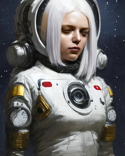 Prompt: detailed portrait white haired girl, solarpunk futuristic utopia, scifi astronaut suit, android parts, decorated with golden ornaments by Ismail inceoglu dragan bibin hans thoma greg rutkowski Alexandros Pyromallis Nekro Rene Maritte Illustrated, Perfect face, fine details, realistic shaded, fine-face, pretty face