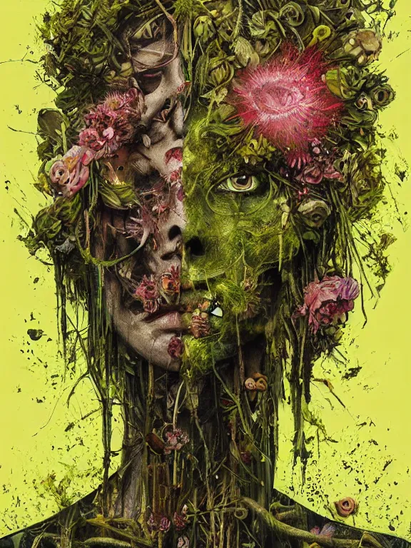 Prompt: art portrait of skeleton with flowers and grass exploding out of a moss covered head,8k,by tristan eaton,Stanley Artgermm,Tom Bagshaw,Greg Rutkowski,Carne Griffiths,trending on DeviantArt,face enhance,hyper detailed,minimalist,cybernetic, android, blade runner,full of colour,