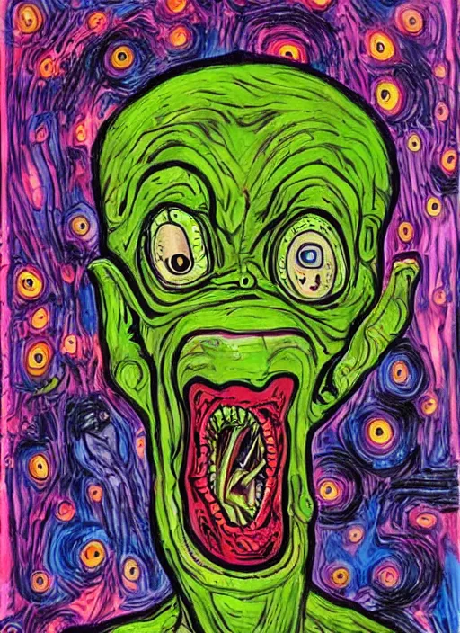 Image similar to a crazy alien art horror portrait, which has weird stretched out eyes and a misshapen mouth, chaotic fulcolor background, art brut by a psycho man, color crazy outsider art bad painting