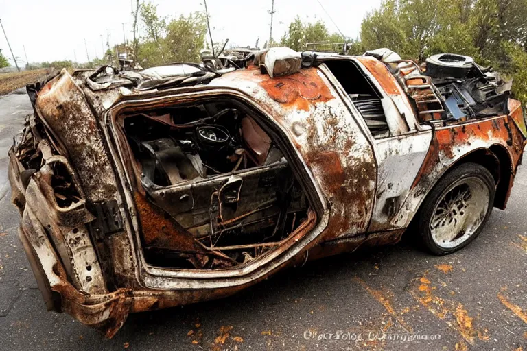 Prompt: rusted, derelict on the back of a tow truck on the road 1 9 2 2 delorean