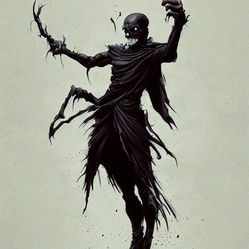 Image similar to wraith, undead, dynamic pose, skull, terrifying, dark, fog, artstation