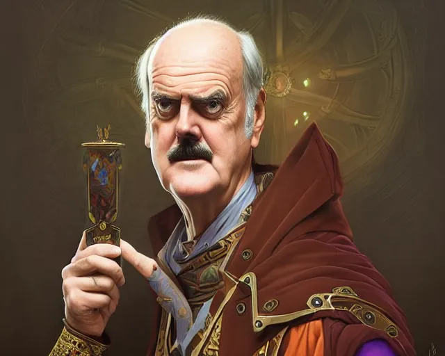 Image similar to john cleese looking totally surprised, photography of kurzgesagt, deep focus, d & d, fantasy, intricate, elegant, highly detailed, digital painting, artstation, concept art, matte, sharp focus, illustration, hearthstone, art by artgerm and greg rutkowski and alphonse mucha