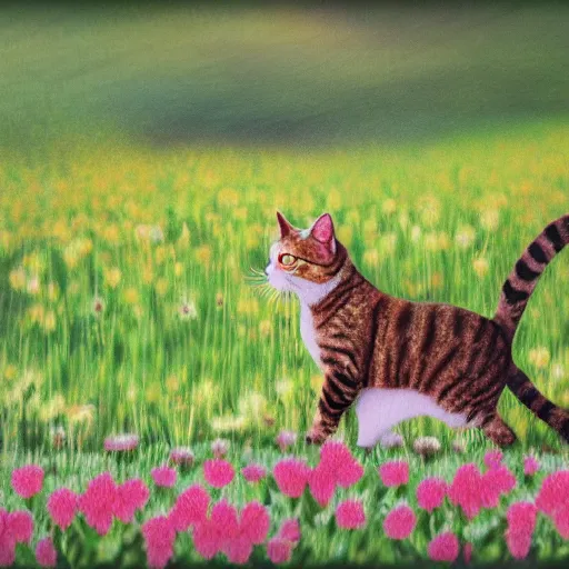 Prompt: cat walking in a flowery field, photorealistic