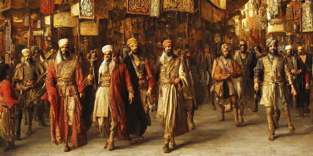 Image similar to Highly detailed and cinematic romantic period oil painting of the Persian king Cyrus the great walking through a bazaar, strong atmosphere, oil painting masterpiece by Josep Tapiró Baró, symmetry, fractals