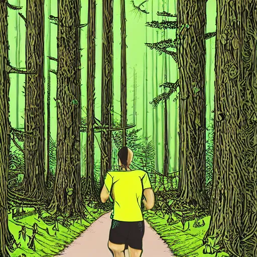 Image similar to Very highly detailed a guy in acid-green athletic sneakers runs through a forest with tall trees, a shot from the back in perspective, art by Dan Mumford