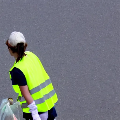 Image similar to emma watson in a hi vis vest picking up trash on the side of the interstate. 2 0 0 mm zoom, humidity haze, midday sun,